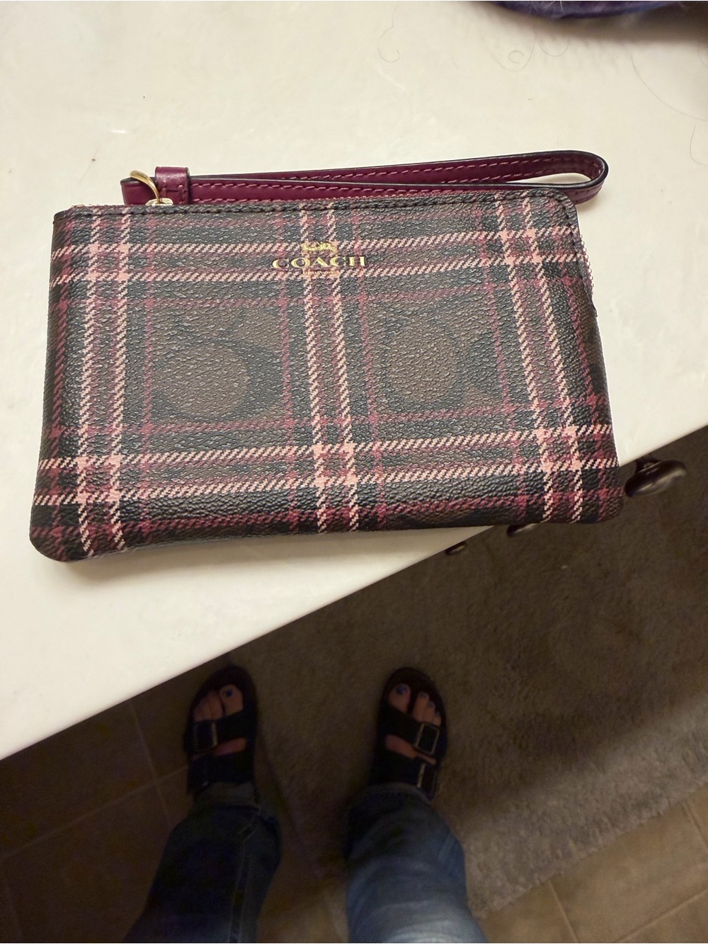 Coach Pink Plaid Wristlet Clutch with Maroon Strap